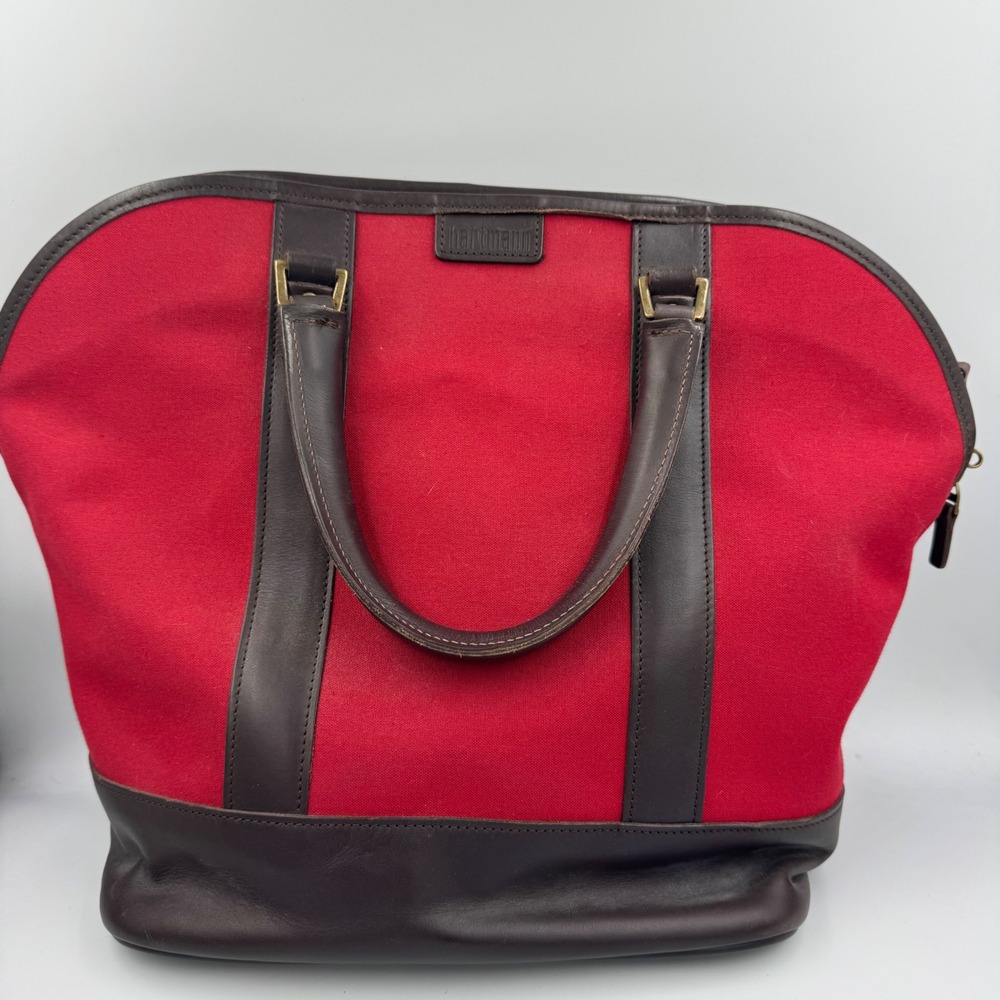 Hartmann Tote Bag Red Canvas Leather Trim Plaid Lining Vintage Travel Office